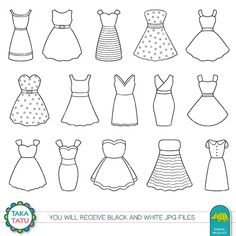 the printable paper doll dress pattern is shown in black and white, which includes different dresses