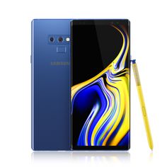 the new samsung note 9 is next to a yellow pen and it's blue