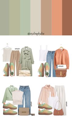 Light spring outfit palette ✨ Colour Palette Inspiration Fashion, Spring Colors Clothes, Light Spring Colors Outfits, Light Spring Color Palette Outfits Capsule Wardrobe Fall, Spring Pallete Outfit, Business Casual Color Palette, Light Spring Color Combinations, Light Spring Outfits Capsule Wardrobe, Light Spring Winter Outfits