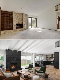 before and after pictures of a living room with fireplace, couches, coffee table and open floor plan