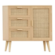 a wooden cabinet with three drawers and wicker doors on the front, side view