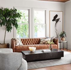 a living room with two couches and a coffee table in front of three windows