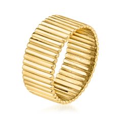 Ross-Simons - 14kt Yellow Gold Ribbed Ring Size 6. Boasting a chic ribbed silhouette, this eye-catching 14kt yellow gold ring spans the finger at 3/8" wide. A classic style that always elevates! 14kt yellow gold ribbed ring. Brushed Gold Ring, Ribbed Ring, Rib Ring, Fine Jewelery, Yellow Gold Ring, Ring Size 7, Yellow Gold Rings, Gold Bands, Gold Ring