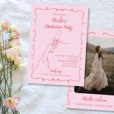 a pink graduation party card with an image of a woman holding a cross on it