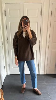 Our favorite way to switch up the look of our Mongolian Cashmere Oversized V-Neck Sweater is to add a white tee underneath. The contrast kicks up the dimension of the look and gives it a laid back appeal—just right to match with your denim and loafers. The Mongolian Cashmere Oversized V-Neck Sweater, always fairly priced at $119.90. Zip Sweater Outfit, Mom Style Winter, Cashmere Sweater Outfit, Casual Fall Outfit, Work Outfits Women, Fancy Outfits, Casual Fall Outfits, Mom Outfits, Cozy Fashion