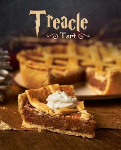 there is a piece of pie with whipped cream on it and the title reads, treacle tart