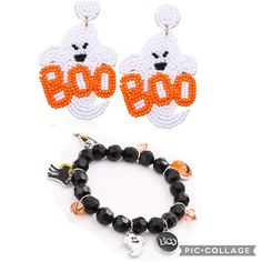 New And In The Package Beaded Ghost Halloween Earrings That Say Boo Comes With Black Velvet Bag Felt Back Comes With Extra Earring Back Black Beaded Charm Bracelet Stretchy Elastic Beaded Ghost, David Yurman Earrings, Apple Watch Bands Fashion, Beaded Charm Bracelet, Earrings Beaded, Beaded Drop Earrings, Ghost Halloween, Halloween Earrings, Bead Charm Bracelet