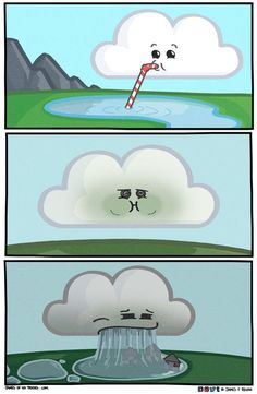 two cartoon pictures with clouds and water in the middle, one has a stick sticking out of