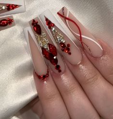 Red Buchona Nails, Red Fancy Nails, Fancy Red Nails, Red Rhinestone Nails, Mexico Inspired Nails, Buchonas Nails, Pink Flower Nail Art, Black Fall Nails, Fall Nails French Tip