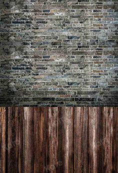 an old brick wall with wood paneling in the center and dark brown paint on it