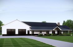 this is an artist's rendering of a modern farmhouse style home with two car garages