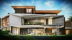 an artist's rendering of a modern house in the middle of a tropical setting