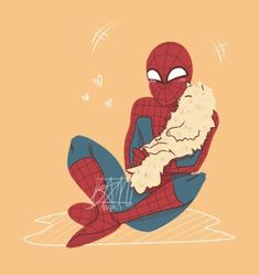 a spider - man is sitting on the ground with his face covered by a furry animal