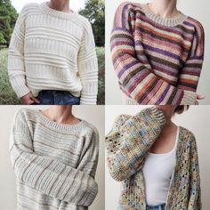 four different knitted sweaters are shown in three different colors and sizes, one is multicolored