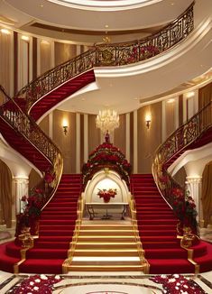 a red carpeted staircase leading up to the second floor in a luxurious building with chandeliers and flowers