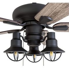 a ceiling fan with three light bulbs attached to it's blades and two lights on each side