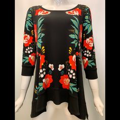 Eva Varro 3/4 Sleeves, A-Line , Shorter Front Tunic Tunic Tops Summer, Layered Tunic, Black Floral Print Top With 3/4 Sleeves, Black Tunic Tops, Vibrant Print V-neck Tunic, Summer Tunics, Cold Shoulder Long Sleeve, Black Tunic, Tunic Tank Tops