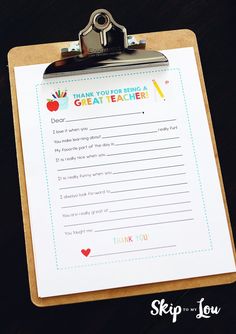 a clipboard with a thank you note attached to it that says, thank you from the great teacher