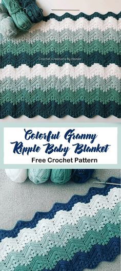 crochet granny ripple baby blanket with text that reads,'beautiful granny ripple baby blanket free crochet pattern