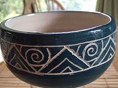 a bowl sitting on top of a wooden table