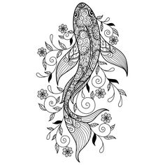 a black and white drawing of a koi fish with swirly designs on it