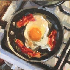 an oil painting of eggs and bacon in a skillet