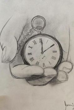 a drawing of a pocket watch in someone's hand, with the time on it