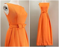 This is a lovely 60s orange silk faille evening dress. It is sleeveless with a boat neckline. The bodice is fitted with a faux pleated belt at the natural waistline and a sweet bow at the center front. The skirt is pleated around the waistline and has a slight A-line flair at the hem that hits the floor. The skirt is lined in a supportive stiffener that helps hold the shape and can easily be removed if desired. The dress zips up the back with a hidden metal zipper and the bodice is lined in an orange rayon taffeta. There is a union tag at the end of the zip.  Condition: The dress is in great condition with no flaws to note. It has been professionally hand laundered and is ready to wear. Measurements Bust: 32" Waist: 24" Hips: up to 44" Length:  (shoulder to hem): 49" (waist to hem): 39.5" Dress Pleated, Bow Belt, Boat Neckline, Pumpkin Orange, Metal Zipper, Dress Clothes For Women, Evening Dress, Bodice, Evening Dresses