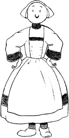 a black and white drawing of a girl in a dress with an apron on her head