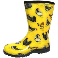 a pair of yellow rubber boots with chickens all over the bottom and black soles