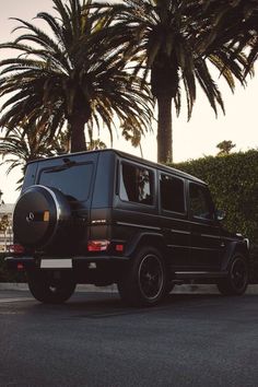 a black mercedes g - class is parked in front of some palm trees and bushes