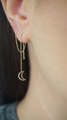 14K 9K Gold Crescent Moon Threader Earrings, Gold Minimalist Earrings, Dainty Moon Threaders, Long Chain Earrings, Celestial gold earrings, Gift for her, FREE EXPRESS SHIPPING Dainty and minimalist 14K or 9K Solid gold threader earrings with a small crescent moon. A lovely, versatile pair of earrings/earring that you will love wearing all day, everyday! Whisper....The beauty of the crescent moon beholds the half lit sky... ------------------------------------------- D E T A I L S 14K Solid Gold Gold Moon Shaped Cartilage Earrings, Gold Moon-shaped Cartilage Earrings, Yellow Gold Moon Charm Drop Earrings, Minimalist Hypoallergenic Crescent Earrings, Minimalist Gold Cartilage Earrings With Moon Charm, Gold Minimalist Cartilage Earrings With Moon Charm, Minimalist Moon-shaped Sterling Silver Cartilage Earrings, Minimalist Moon-shaped Cartilage Earrings, Dainty Gold Earrings With Moon Charm