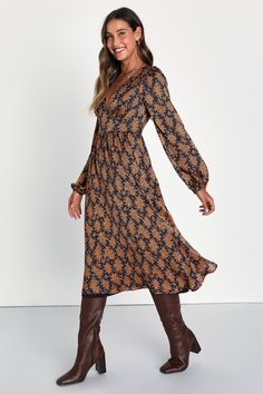 Black and Orange Floral Dress - Long Sleeve Dress - Midi Dress - Lulus Satin Floral Print Maxi Dress For Date Night, Silk V-neck Dress For Fall, Floral Satin Maxi Dress For Date Night, Chic V-neck Satin Dress For Fall, Satin Midi Dress With Floral Print And V-neck, Black Floral Print Satin Dress, Floral Print Satin V-neck Midi Dress, Black Satin Dress With Floral Print, Satin V-neck Midi Dress With Floral Print