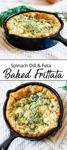 spinach and feta baked frittata in a cast iron skillet