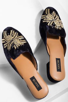 Girana Gem Navy Velvet Mules Size 9 Hand Embroidered Velvet | Etsy Elegant Embroidered Flat Loafers, Party Flats With Embroidery And Round Toe, Embroidered Round Toe Party Flats, Party Flats With Embroidered Round Toe, Embellished Closed Toe Heels For Galas, Embellished Flats For Party And Festivals, Embroidered Party Flats, Embellished Almond Toe Party Flats, Holiday Party Shoes