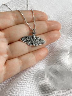 Birthstone add on https://www.etsy.com/listing/592013303/birthstone-add-on-minimalist-tiny?ref=shop_home_active_1&frs=1 D E T A I L S * Solid Sparkly Sterling Silver Box Chain and Clasp. * The Sterling Silver Moth charm measures approximately 21x30mm. Goth Closet, Werewolf Pack, Moth Jewelry, Pentagram Jewelry, Moth Necklace, Mystical Necklace, Bug Jewelry, Raven Jewelry, Wiccan Necklace