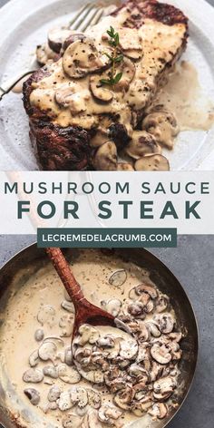 mushroom sauce for steak in a skillet with mushrooms on top and the recipe below