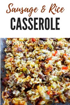 sausage and rice casserole with text overlay