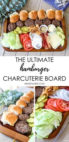 the ultimate hamburger charcuter board is ready to be served with cheese, lettuce and tomatoes