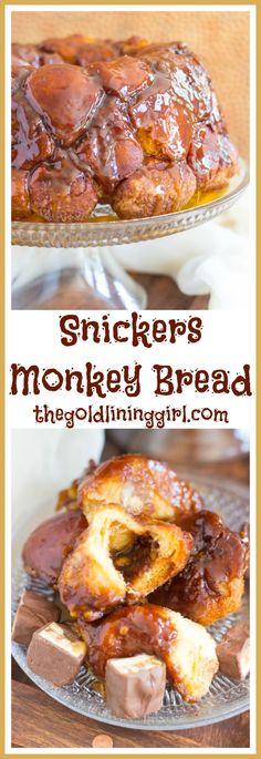 there is a plate with some food on it and the words, snickkers monkey bread