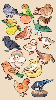 a bunch of birds that are sitting on top of each other in different colors and sizes