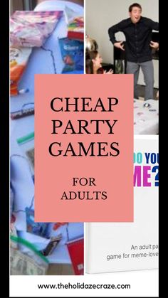 a man standing in front of a pile of party games for adults with text overlay that reads cheap party games for adults