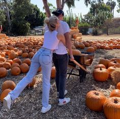 a man and woman standing next to each other near a wheelbarrow filled with pumpkins