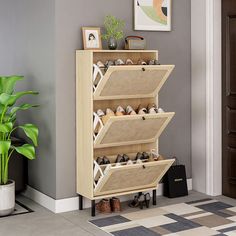 a wooden shoe rack sitting next to a potted green plant in a living room