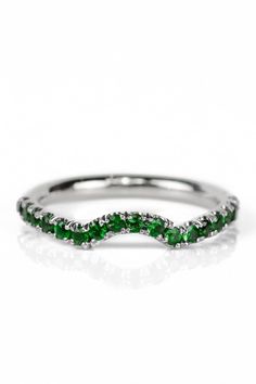 "Half Eternity Emerald Pave Shadow Band. Material: Gold 14K & 18K or PLATINUM 950 Plating: Rhodium/ Platinum Family (only if white gold) Finishing: High Polished, Shiny Fit: Comfort/ Rounded Interior Width: 2 mm Height: 2 mm Setting: U Micro Pave Set (Reminds the Letter \"U\" from Side) Stone: Authentic Emerald Quality: AAA Stone Size: 1.7mm Total Carat Size: apx 0.36 - 0.40 points Quantity of Stones: apx 19 (varies by ring size) A tracer, shadow, or contoured wedding band, on its most basic Green Vvs Clarity Eternity Band For Anniversary, May Birthstone Jewelry With Half Eternity For Formal Occasions, Formal Half Eternity Jewelry For May Birthstone, Half Eternity Ring With May Birthstone In Round Band, Half Eternity May Birthstone Round Band Ring, Half Eternity May Birthstone Round Band, Emerald Rings In White Gold With Halo, Anniversary Emerald Eternity Band In Round Shape, White Gold Tsavorite Promise Ring