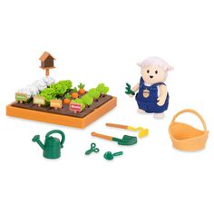 an assortment of toys including farm animals and gardening tools