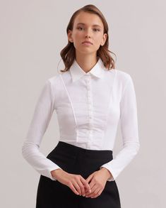 Jersey pima shirt with Swiss pleated shirtfront. Poplin collar, buttoned placket and cuffs. Elegant Fitted Button-up Tops, Semi-formal Collared Slim Fit Tops, Semi-formal Fitted Blouse With Fold Down Collar, Fitted Long Sleeve Blouse For Work, Classic Fitted Collar Blouse, Formal Fitted Blouse With Fold Down Collar, Elegant Slim Fit Tops For Daywear, Fitted Formal Fall Blouse, Fitted Formal Blouse For Fall