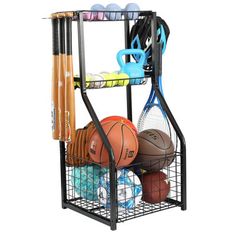 a rack with various sports equipment and balls in it on a white background for display