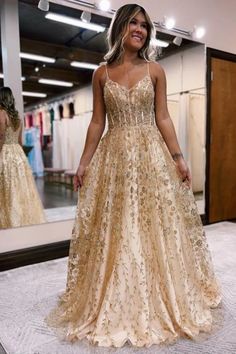 Gold Grad Dress, Corset Prom Dress, A Line Evening Dress, Spaghetti Strap Prom Dress, Corset Dress Prom, Evening Dresses Cocktail, Sophisticated Dress, Lace Neckline, Grad Dresses