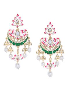 These beautiful green & pink crescent-shaped chandbali earrings come with kundan stone studs & beads, are gold-plated with hand-painted meenakari work, and are secured with a post and back closure. These handcrafted chandbalis can be paired with any traditional outfit to add a punch of colorful boost, and help you stand out. Product color may vary based on the monitor or screen you are using.See FAQ for more details. Size Length: 10 cm Details Material: BrassStones: Kundan & Artificial BeadsPlat Kundan Chandbalis With Peacock Design, Festive Kundan Chandbalis With Motifs, Green Bollywood Peacock Design Earrings, Bollywood Green Peacock Design Earrings, Multicolor Chandbali Chandelier Earrings, Green Meenakari Chandelier Earrings For Diwali, Green Kundan Chandbalis For Eid, Green Peacock Design Chandbali Jhumkas, Green Temple Jewelry Style Chandelier Earrings With Meenakari